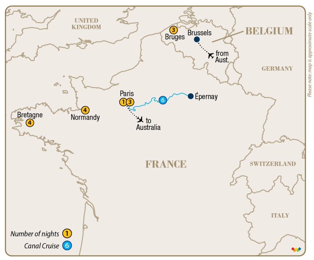 Authentic France and Belgium tour map overview