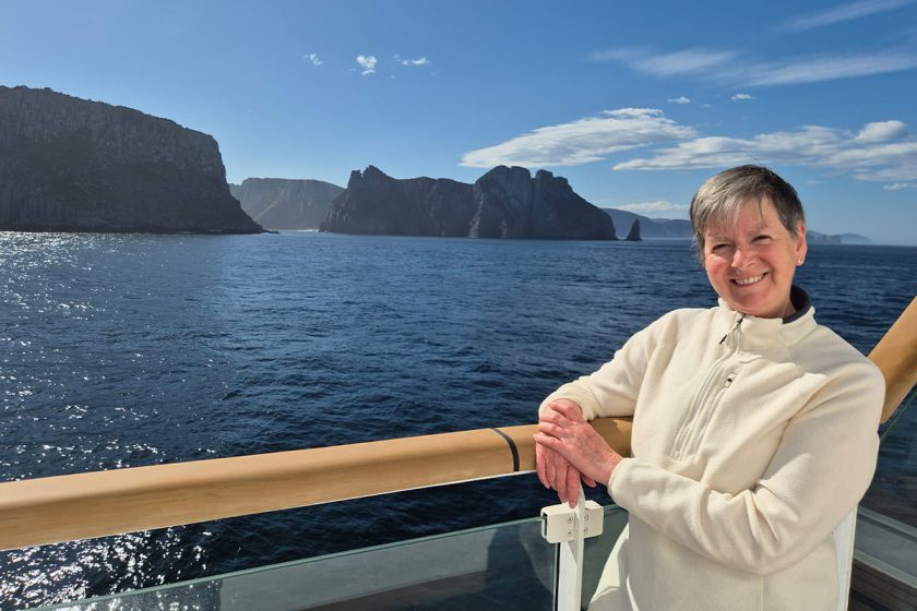 Cathi aboard the inaugural voyage of the Douglas Mawson
