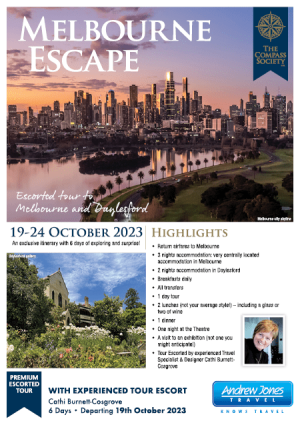 Melbourne Escape October 2023 tour brochure cover